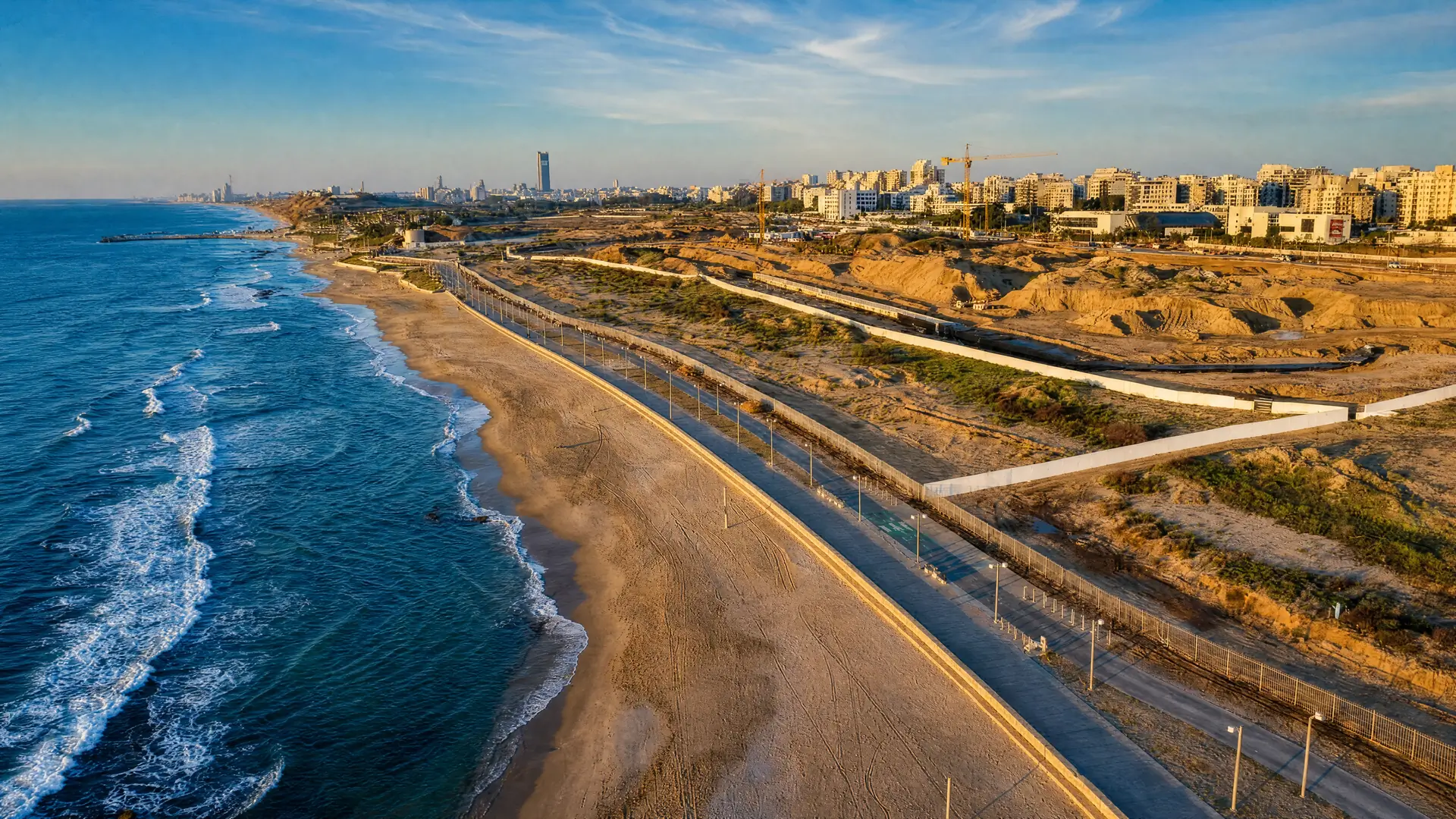 The Sde Dov waterfront: beach and promenade with the former airfield inland, looking south toward Tel Aviv