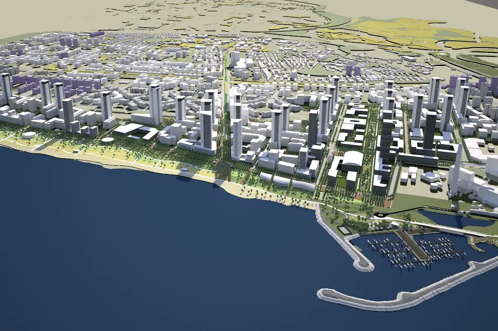3D model rendering of the planned Sde Dov district with towers, parks, and coastline
